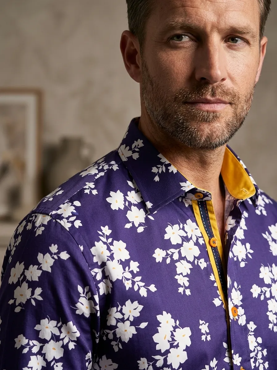 Dark Blue Floral Print Men's Shirt