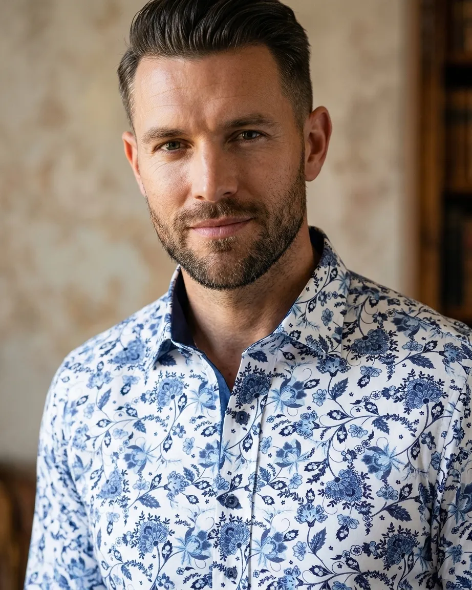 White Floral Print Shirt with Matching Handkerchief
